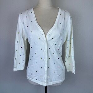 Ruby Rd. Women's White Multi Color Polka Dot Embroidered 3/4 Sleeve Cardigan Med